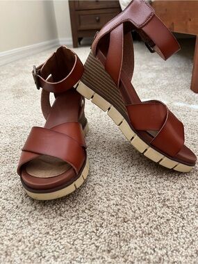 MIA Brown Leather Crisscross Ankle Strap Wedge Sandals